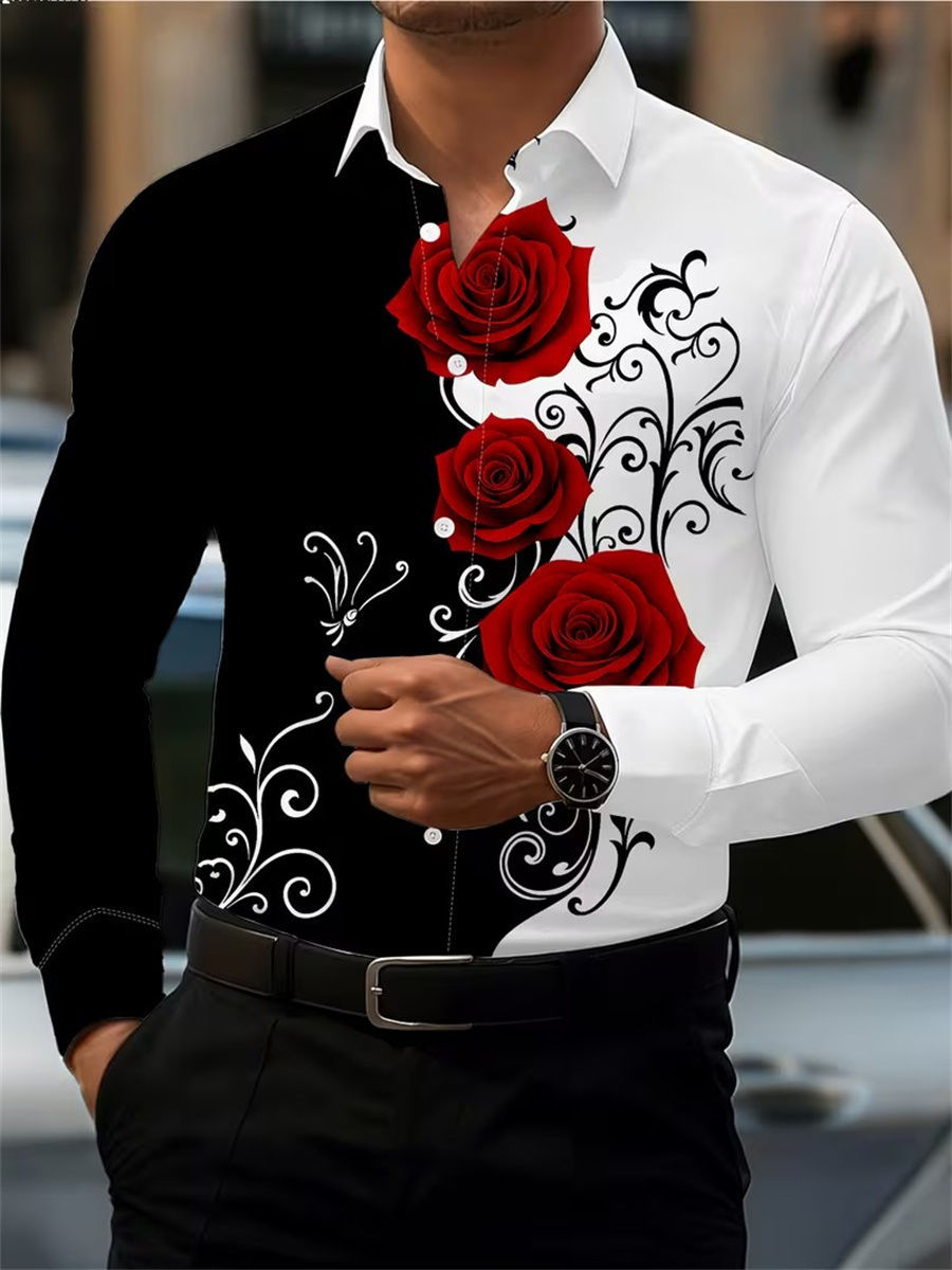 Men'S Fashion Rules - Men's Red Rose Print Long-Sleeve Shirt,