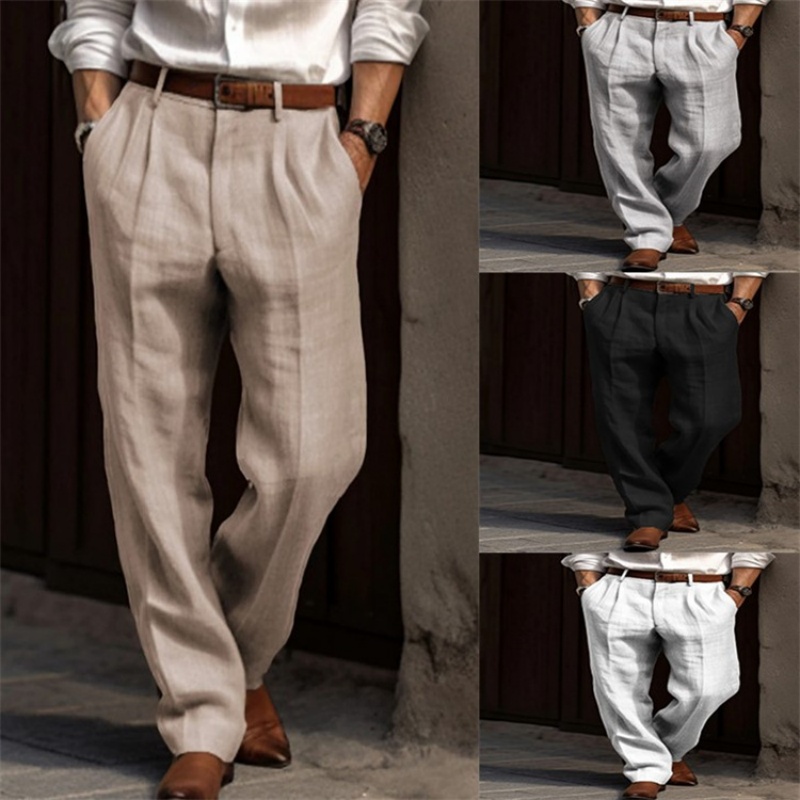 Vintage Solid Color Loose Line - Men'S Fashion Linen Pants 评论和价格