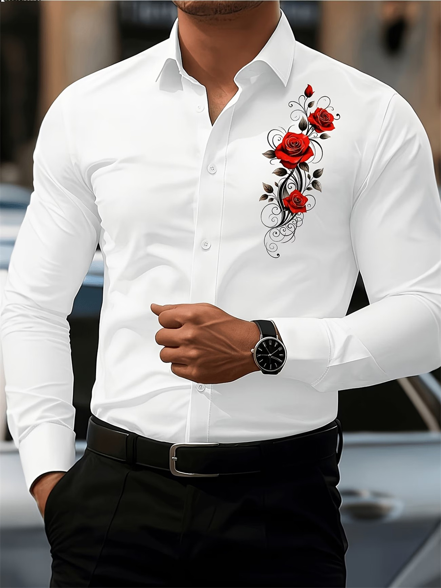 Men's Red Rose Print Long-Slee - Men'S Fashion Rules 评论和价格