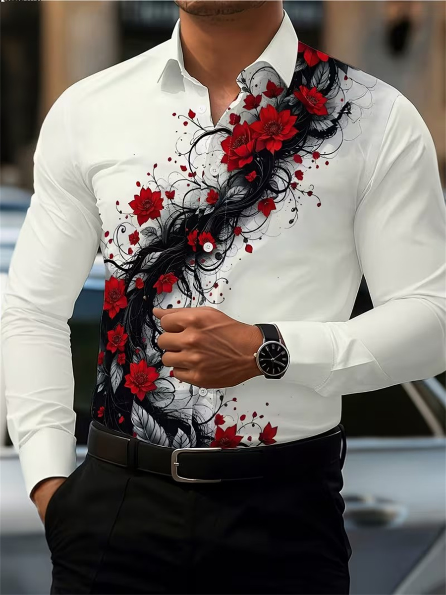 Men's Red Rose Print Long-Slee - Men'S Fashion Rules 评论和价格